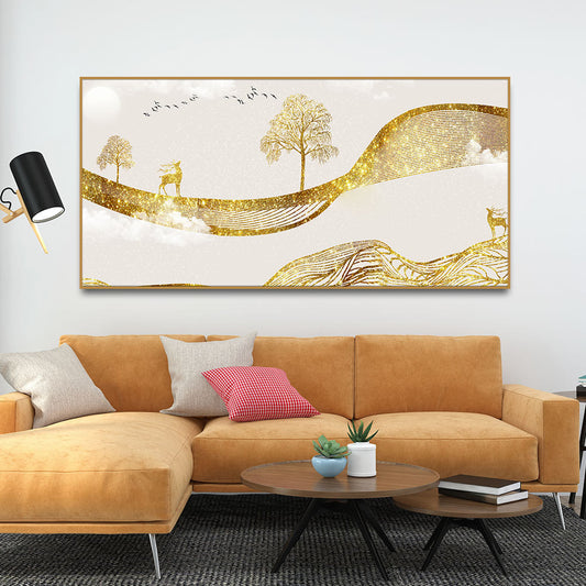 Luxury Golden Tree with Deer Premium Canvas Wall Painting