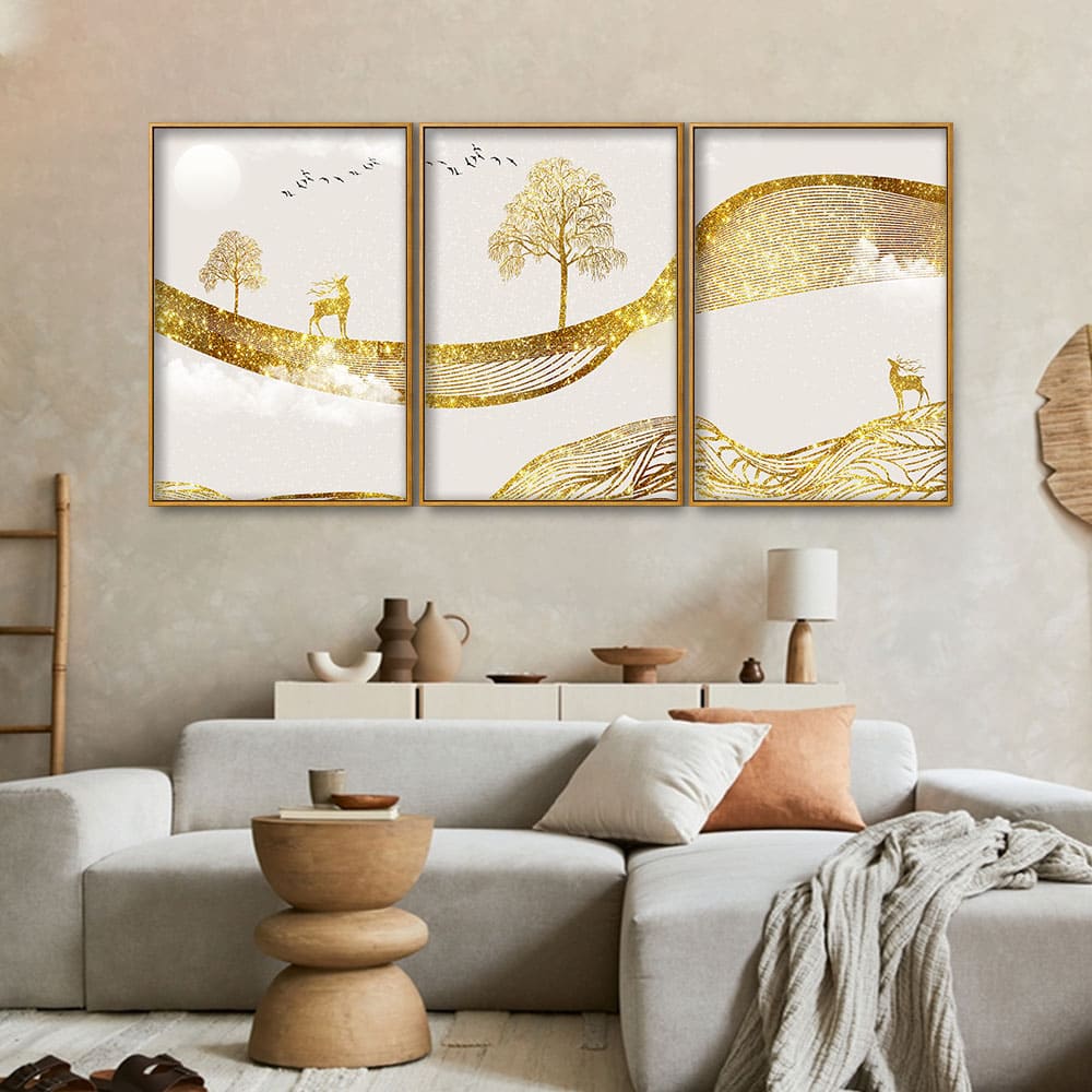 Luxury Golden Tree with Deer Premium Floating Canvas Wall Painting Set of Three