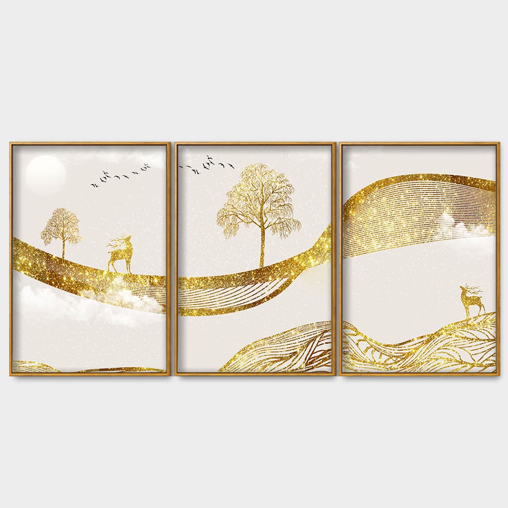 Luxury Golden Tree with Deer Premium Floating Canvas Wall Painting Set of Three