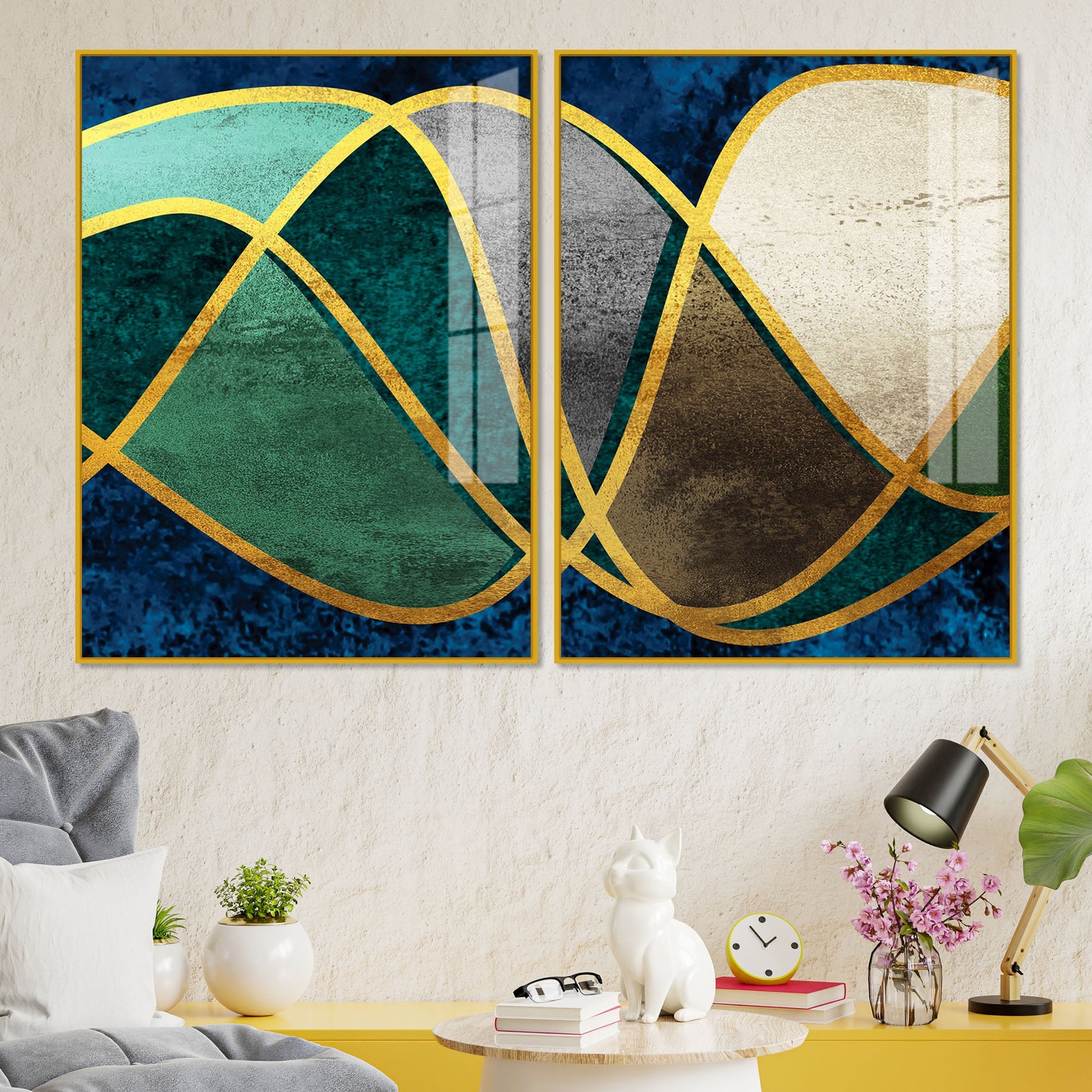 Luxury Golden Waves Line Art Premium Acrylic Floating Wall Painting Set Of 2