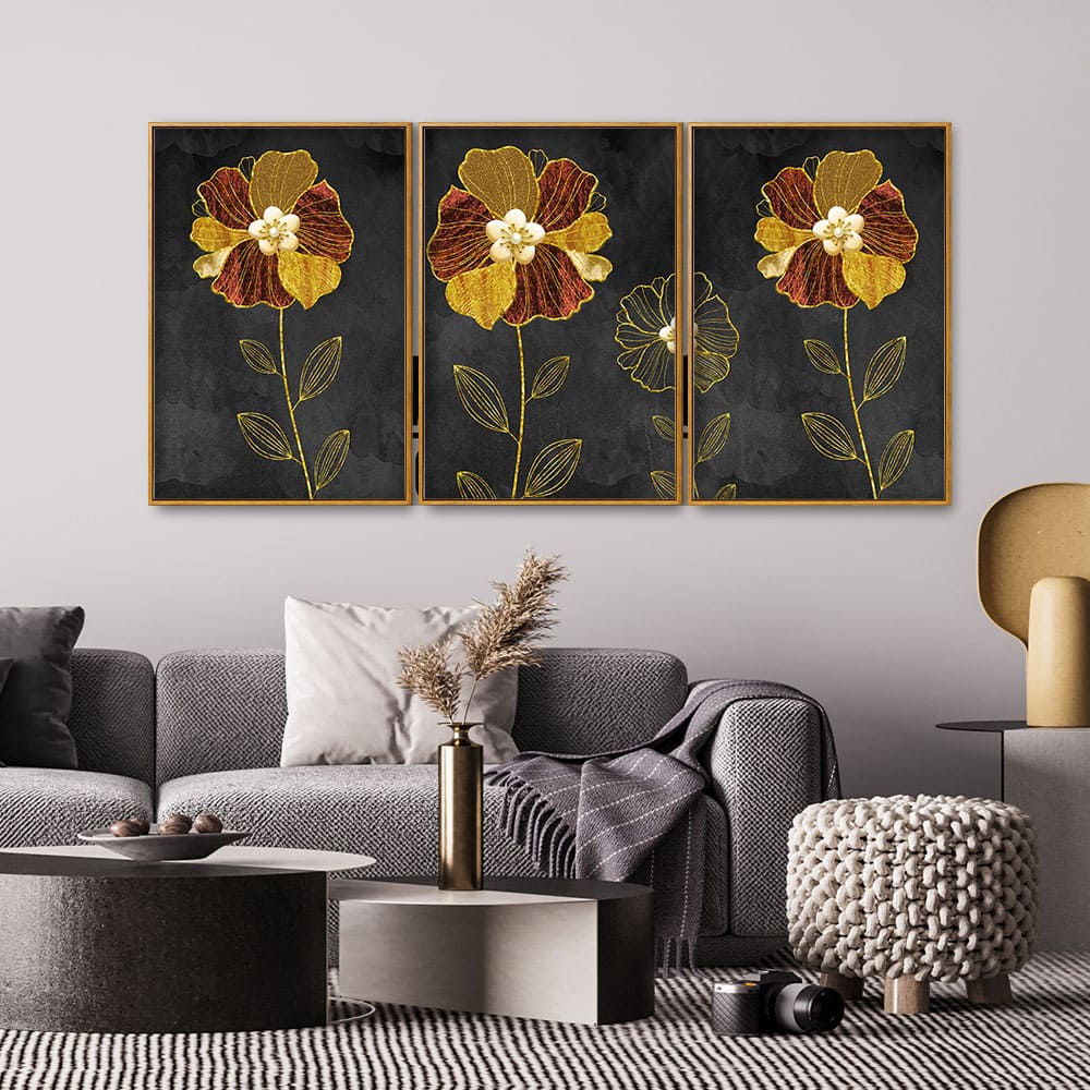 Luxury Style Flower Premium Floating Canvas Wall Painting Set of Three