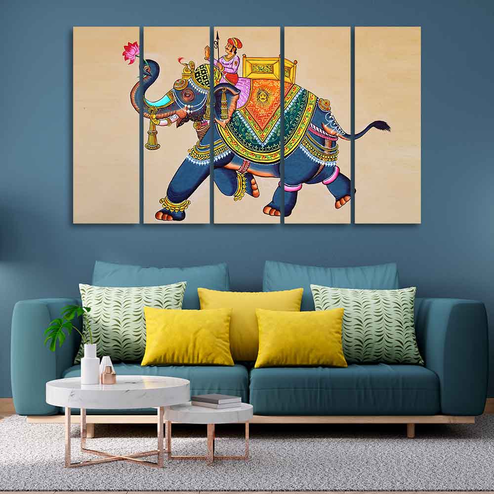 Madhubani Art Elephant Premium Canvas Wall Painting Set of Five