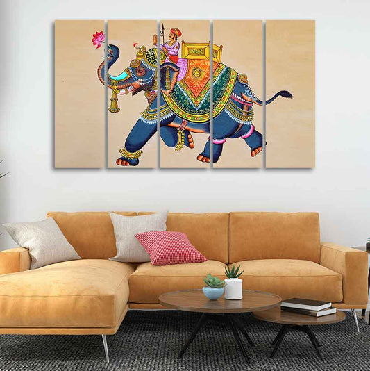 Madhubani Art Elephant Premium Canvas Wall Painting Set of Five