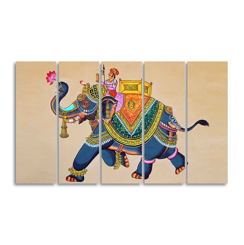 Madhubani Art Elephant Premium Canvas Wall Painting Set of Five