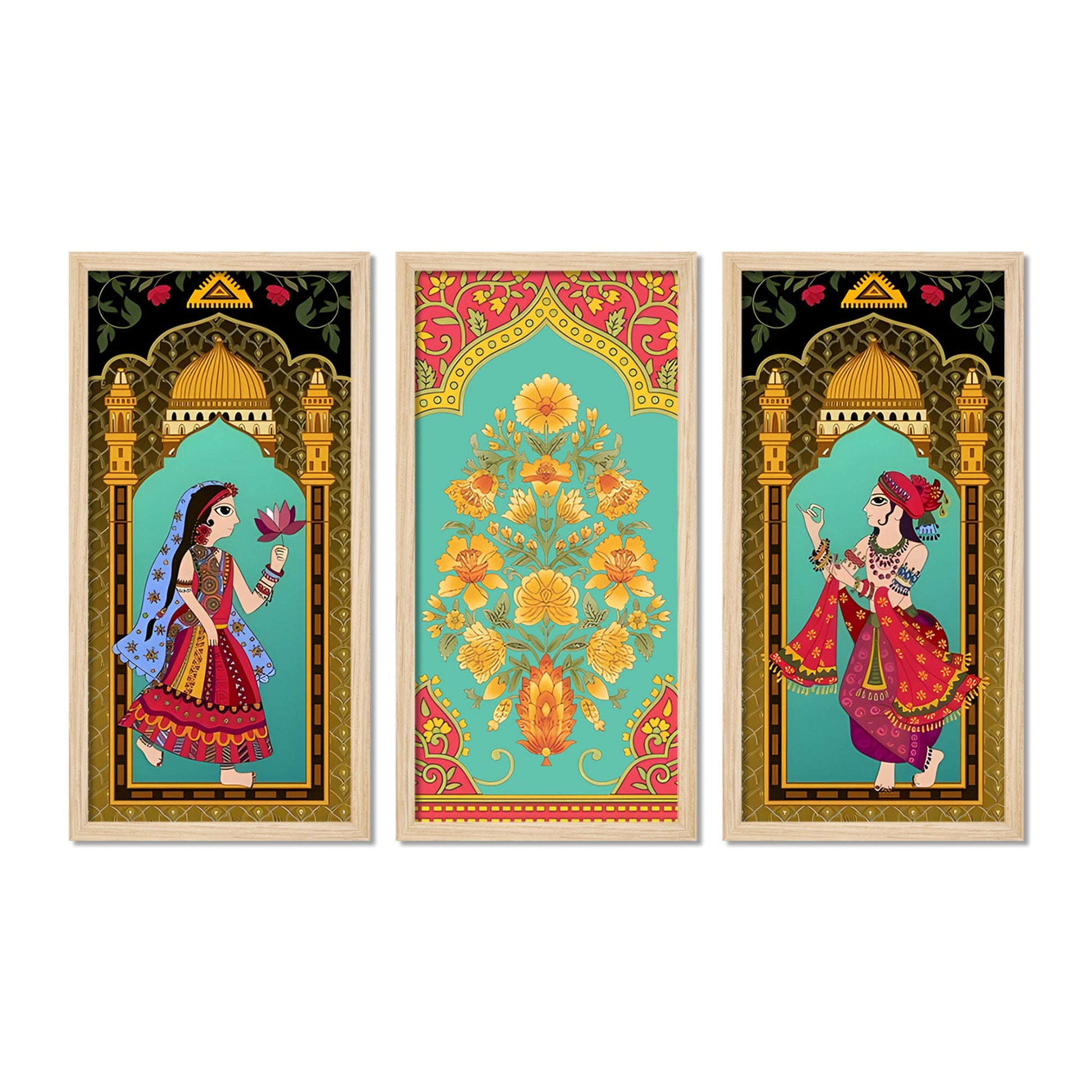 Madhubani Decorative Welcome Home Art Wooden Wall Frame Set of Three