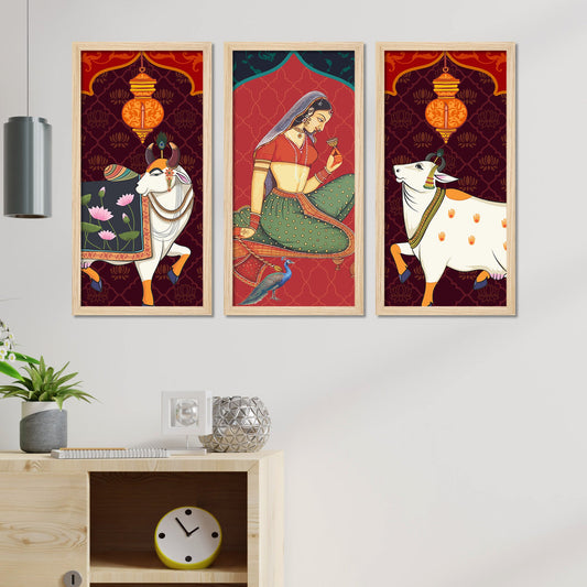 Madhubani Pichwai Cow Art Wooden Wall Frame Set of Three