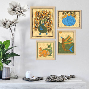 Madhubani Traditional Peacock Wall Frame Set of Four