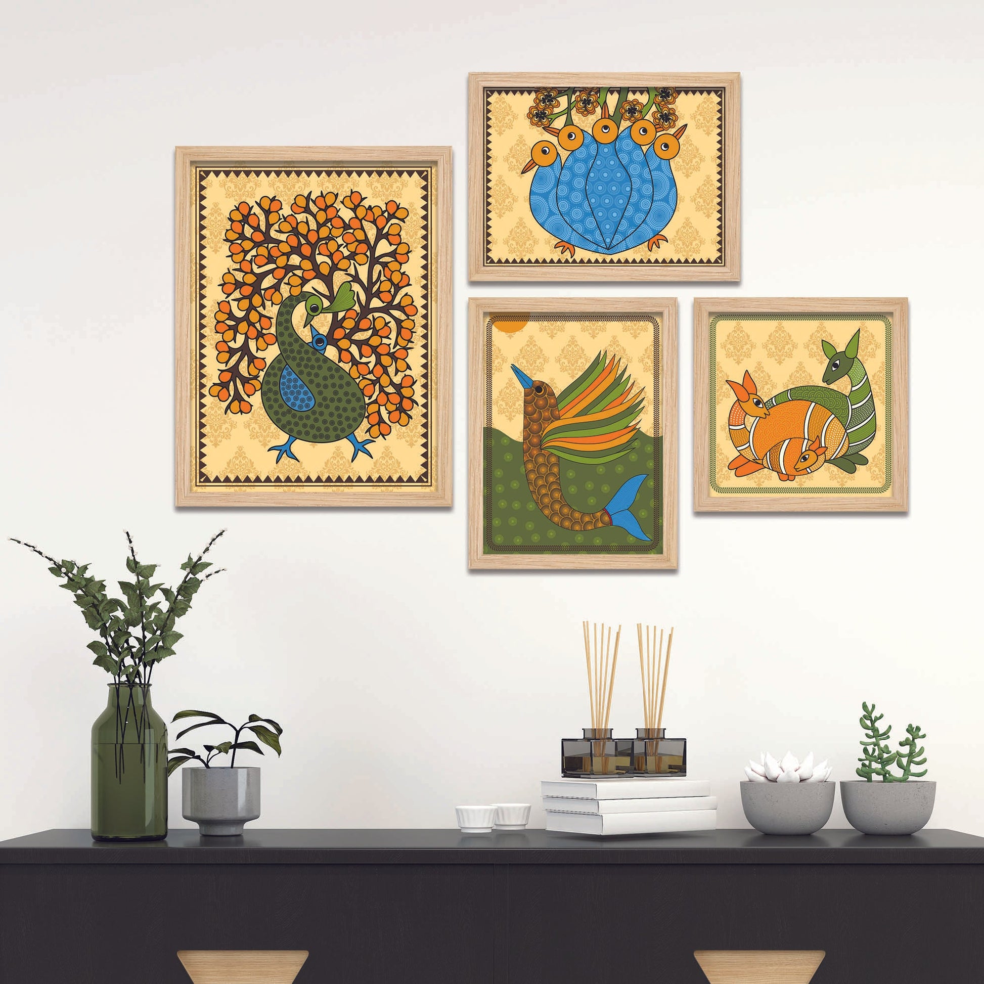 Madhubani Traditional Peacock Wall Frame Set of Four