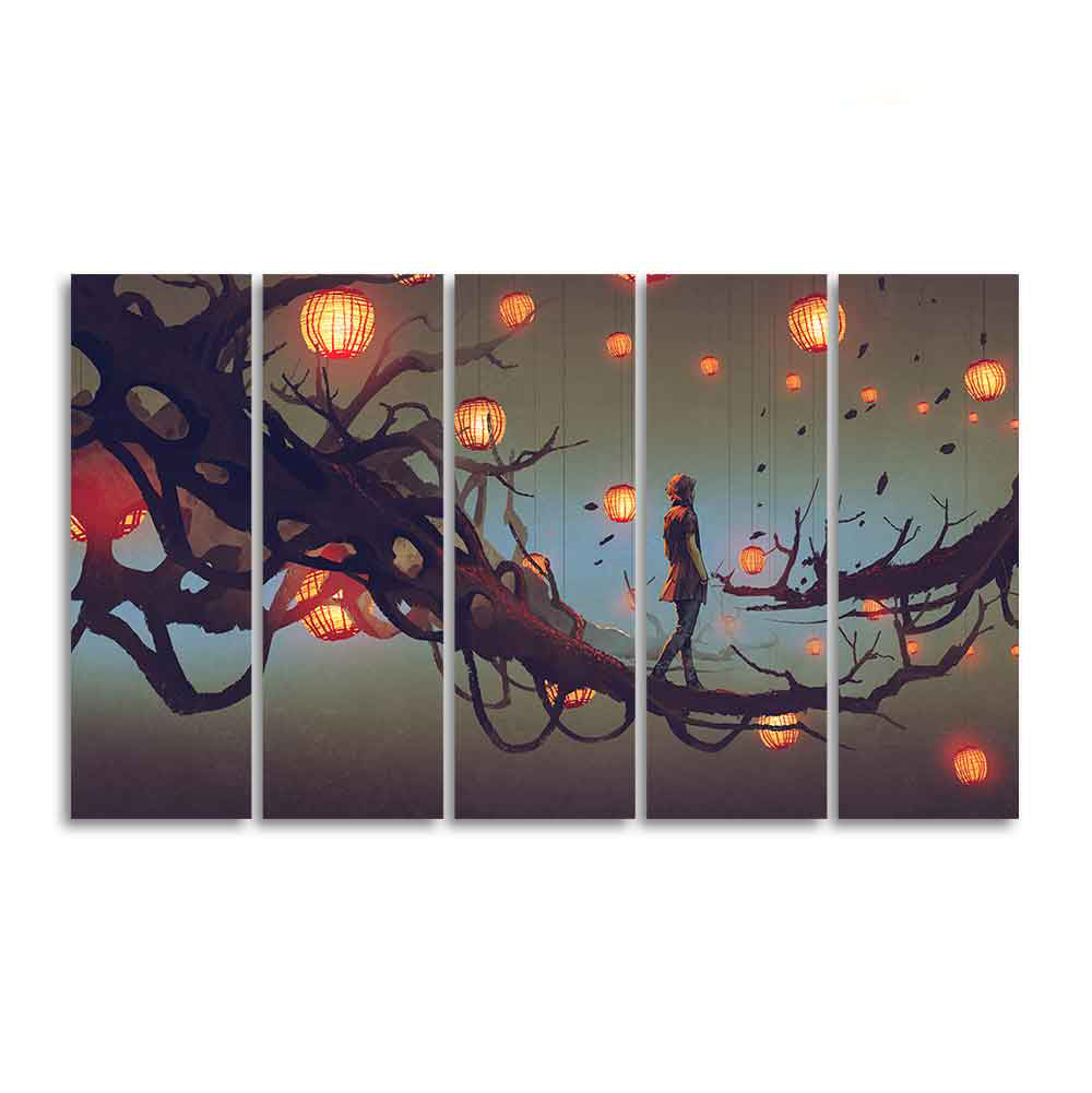 Man Walking in Night Premium Five Pieces Canvas Wall Painting