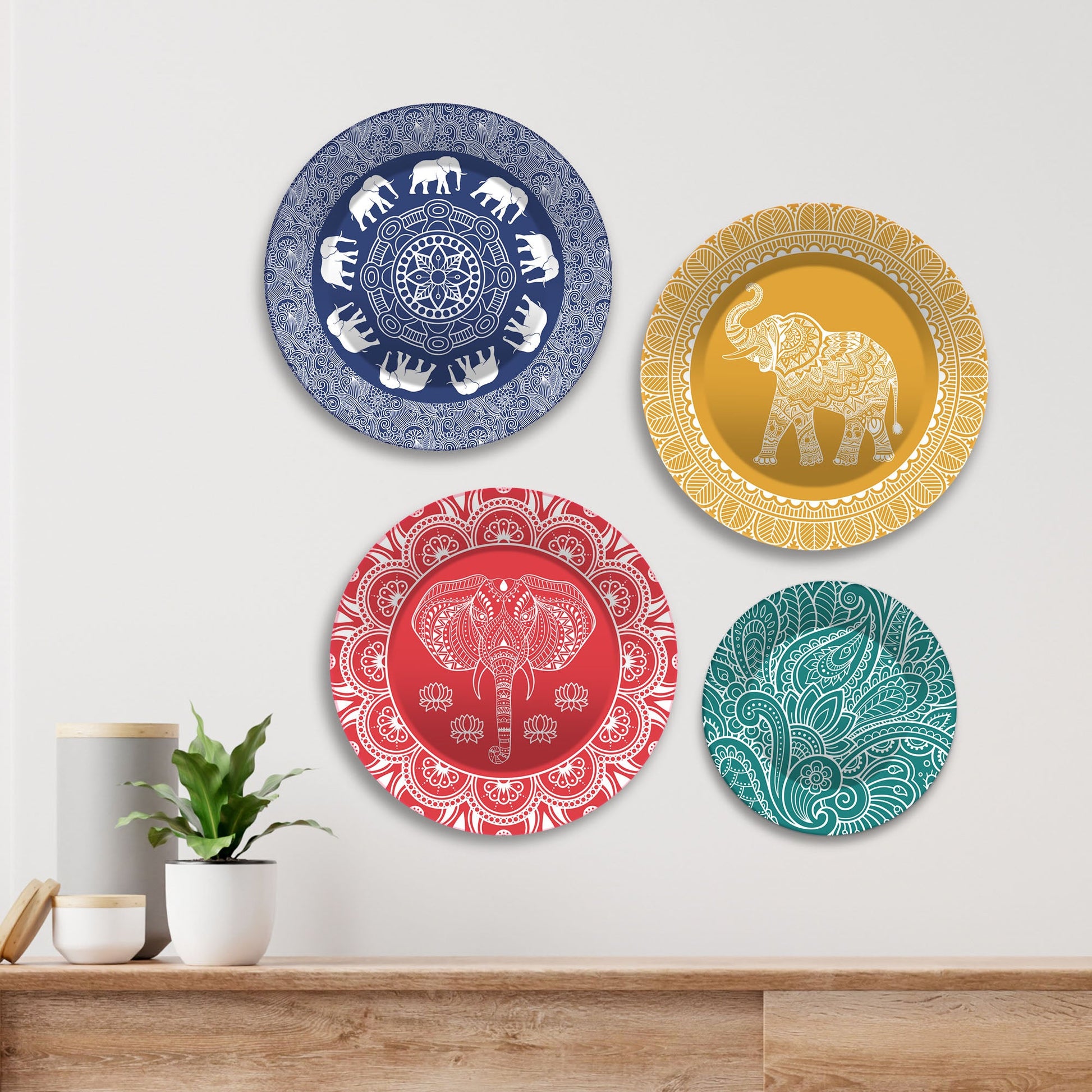 Mandala Pattern Elephants Wall Plates Painting Set of Four