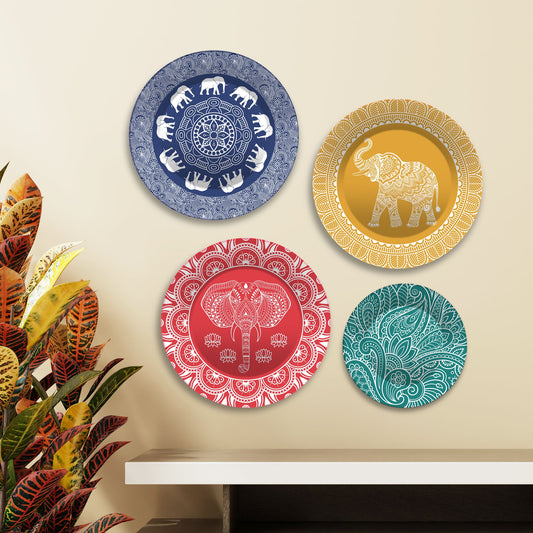 Mandala Pattern Elephants Wall Plates Painting Set of Four