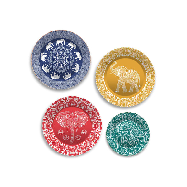 Mandala Pattern Elephants Wall Plates Painting Set of Four