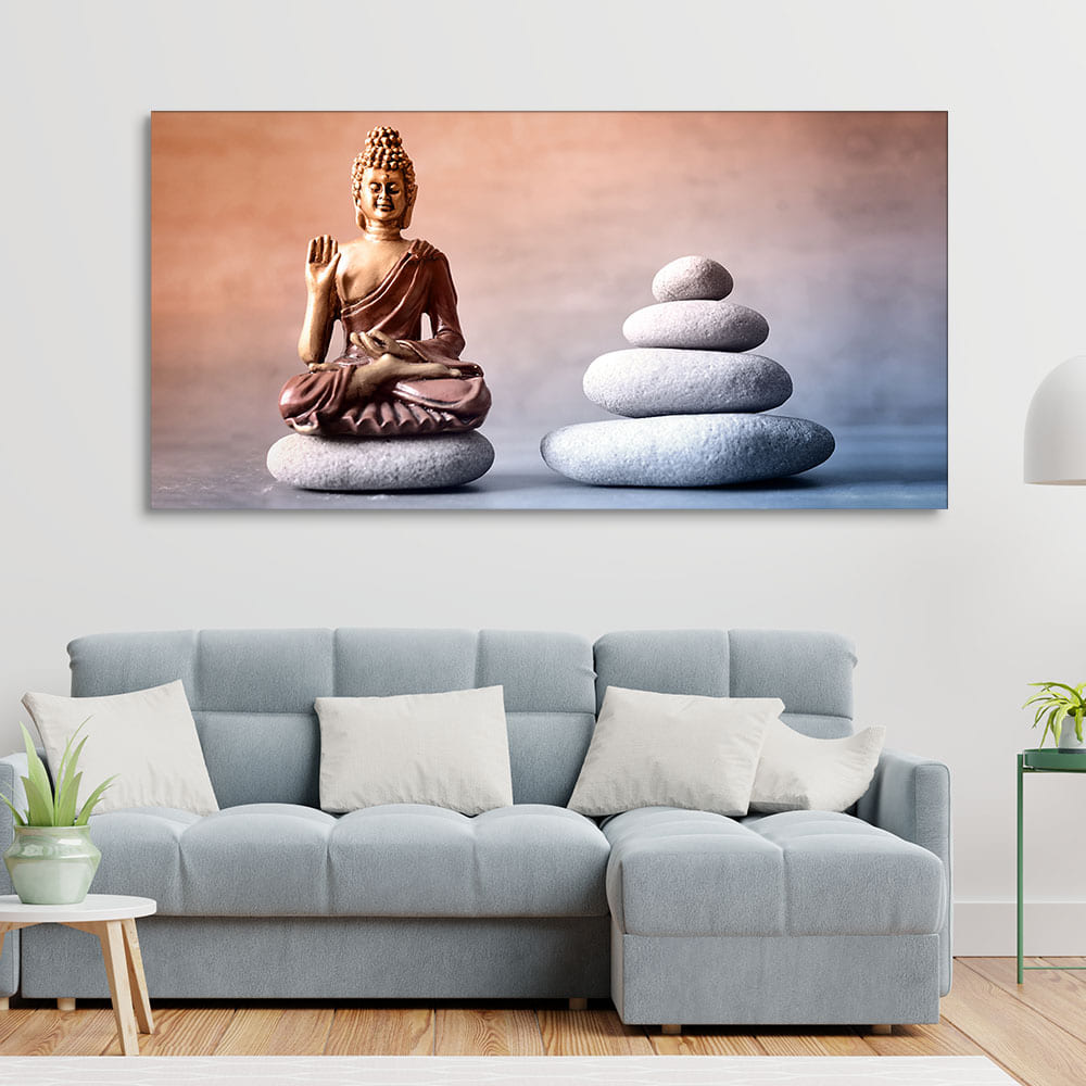 Meditating Buddha is Sitting with Balance Stones Canvas Wall Painting