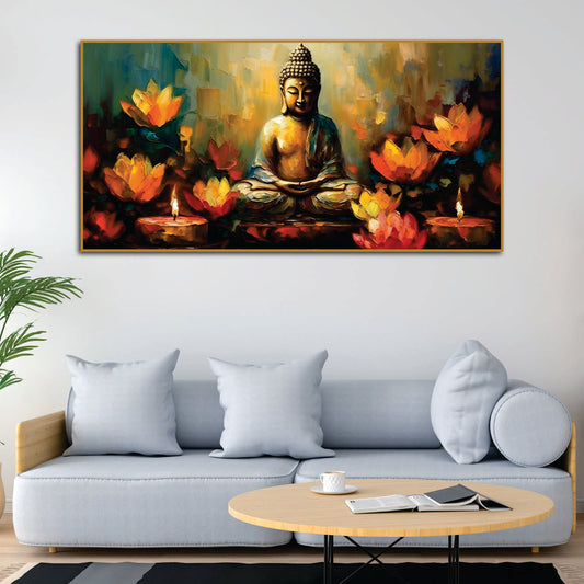 Meditating Buddha Statue with Lotus Flower Canvas Wall Painting