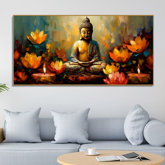 Meditating Buddha Statue with Lotus Flower Canvas Wall Painting