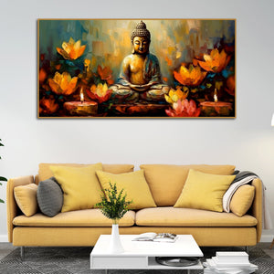 Meditating Buddha Statue with Lotus Flower Canvas Wall Painting