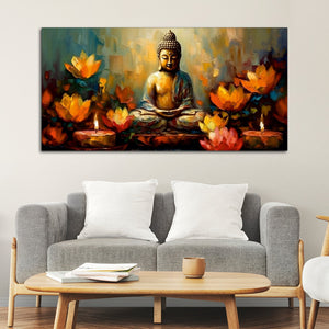 Meditating Buddha Statue with Lotus Flower Canvas Wall Painting