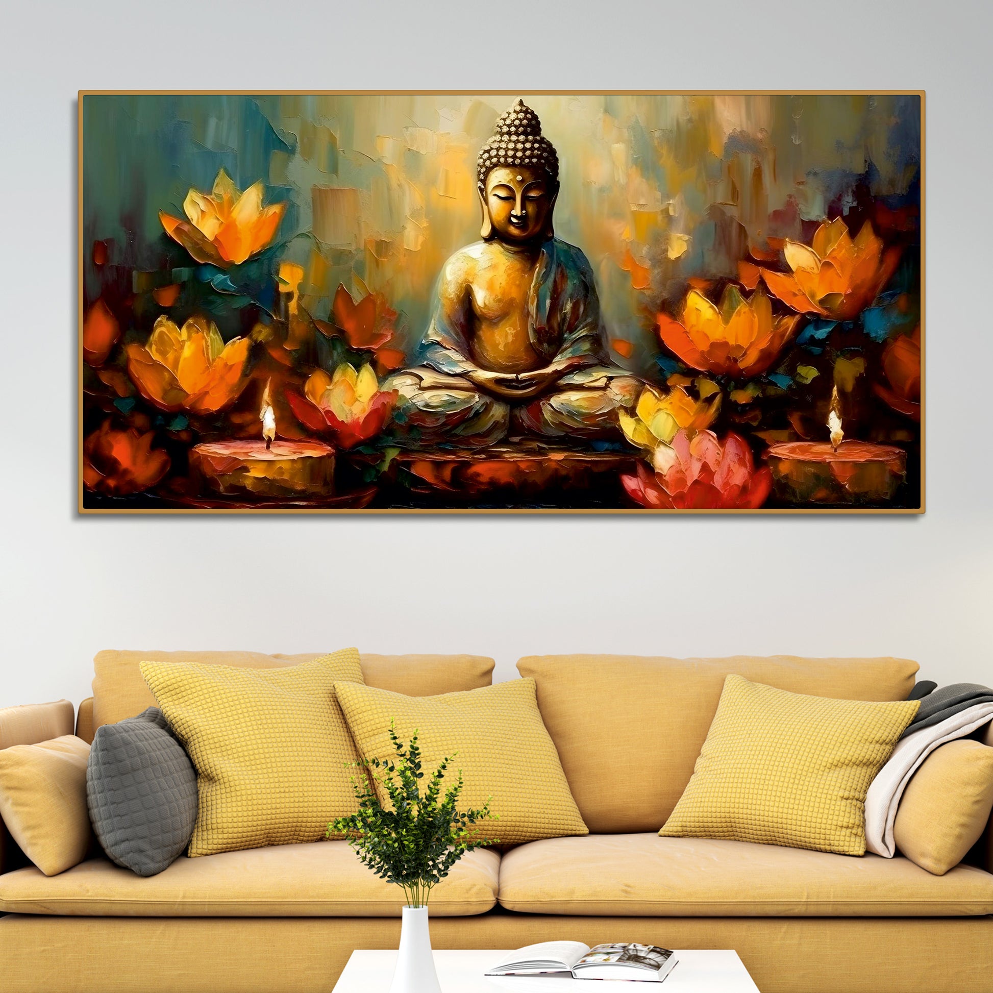 Meditating Buddha Statue with Lotus Flower Canvas Wall Painting