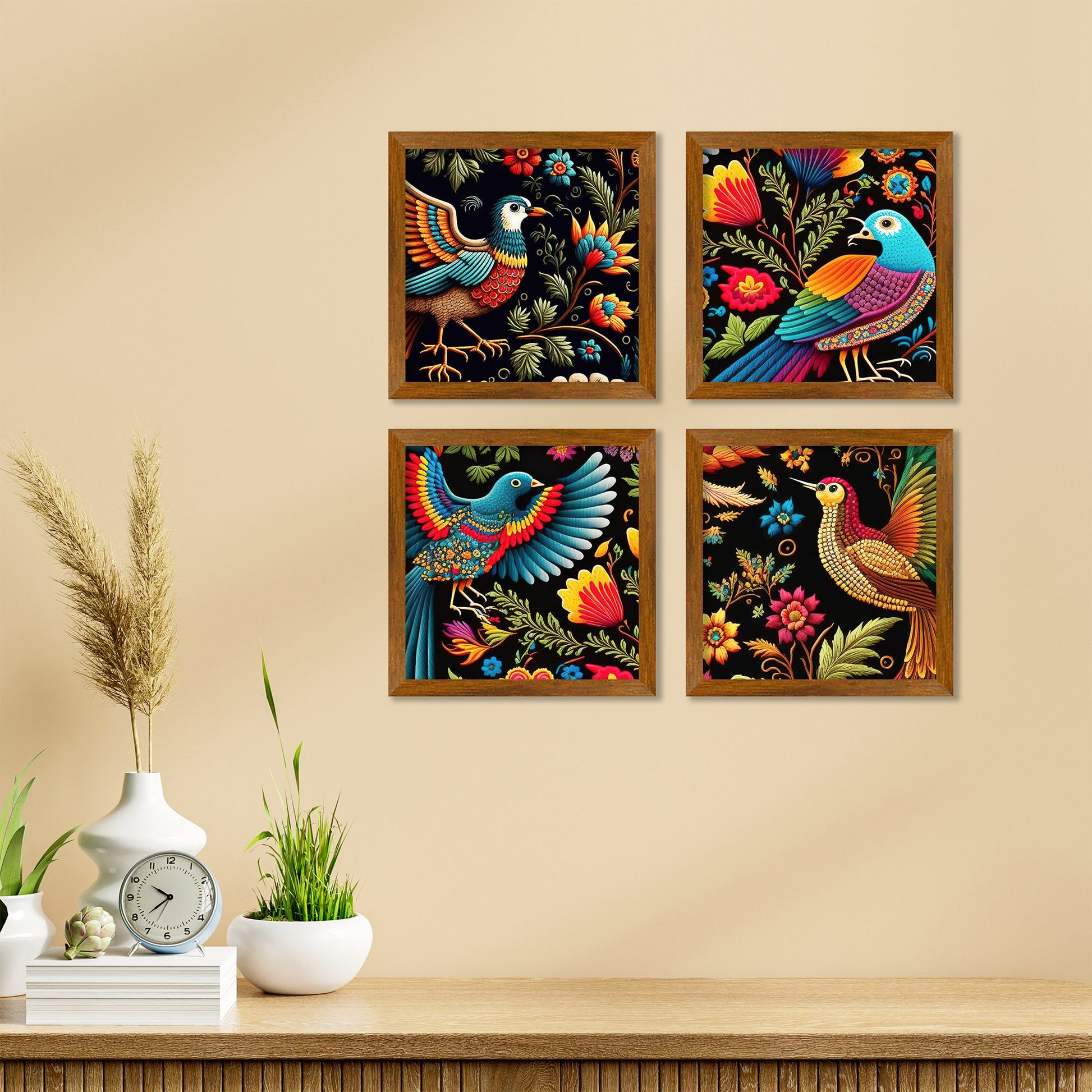 Mexican Embroidery Bird Art Wall Frame Set of Four