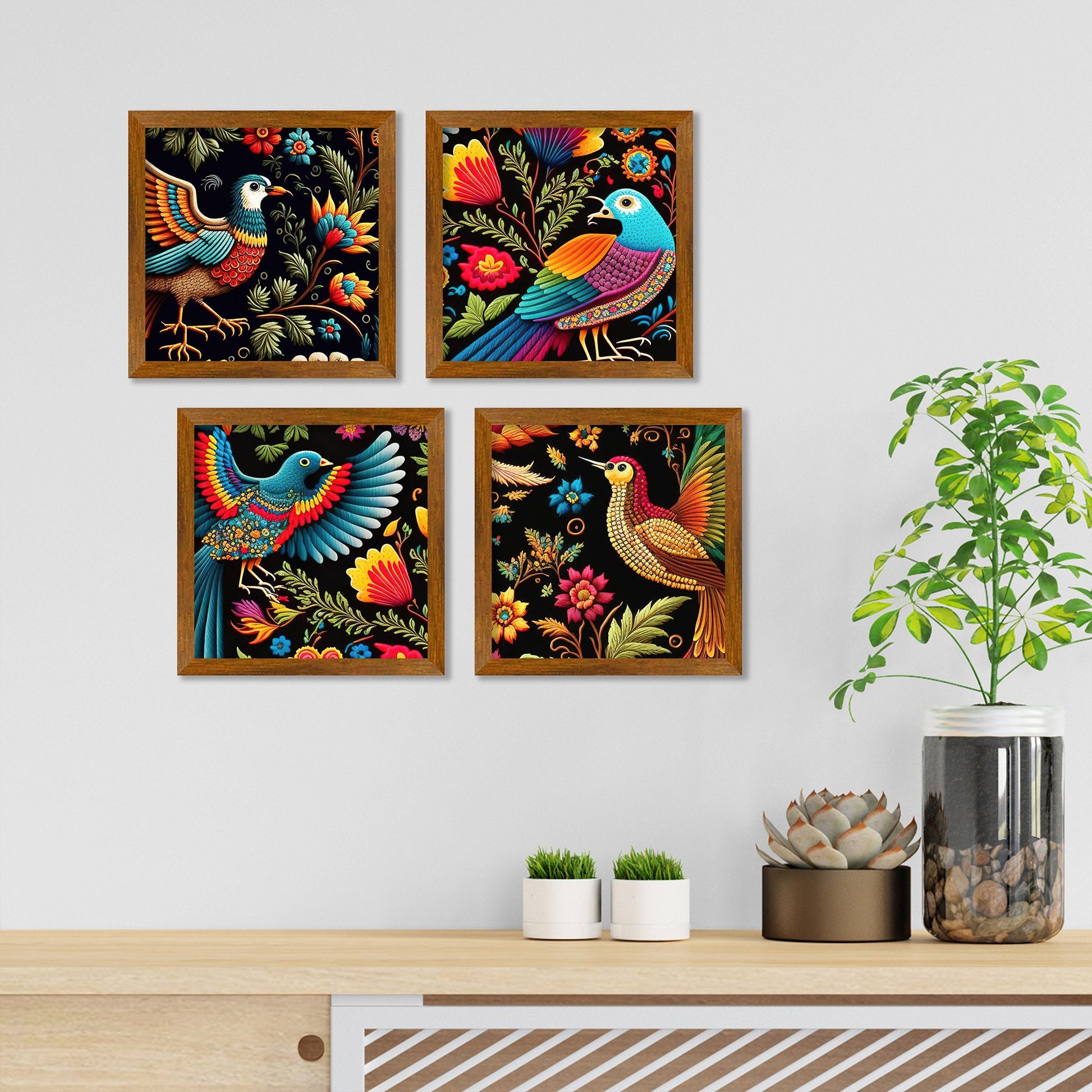 Mexican Embroidery Bird Art Wall Frame Set of Four