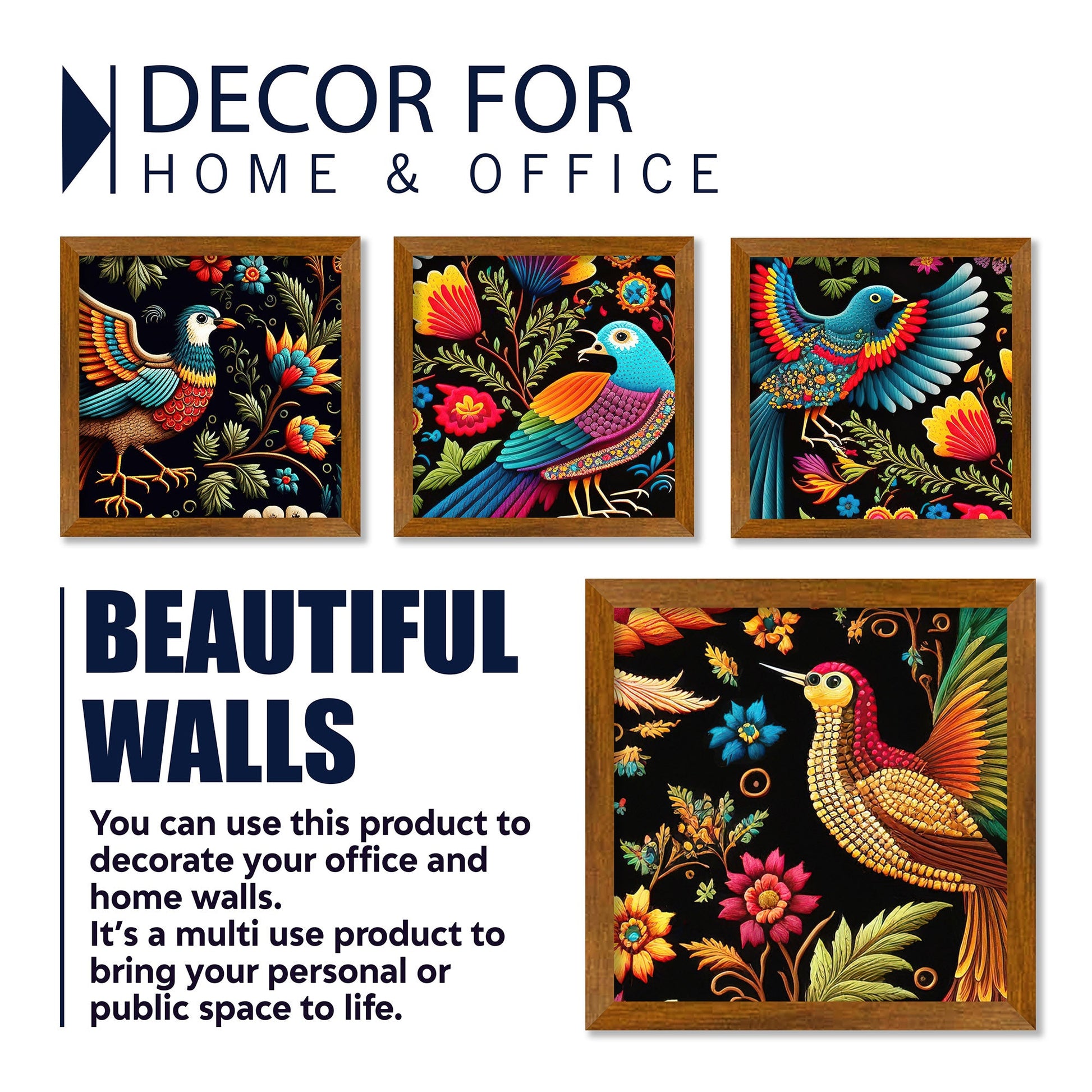 Mexican Embroidery Bird Art Wall Frame Set of Four