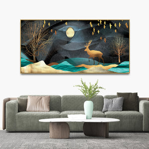 Midnight Golden Deer Scenery Premium Canvas Wall Painting