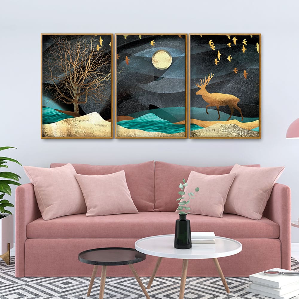 Midnight Golden Deer Scenery Premium Floating Canvas Wall Painting Set of Three