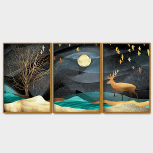 Midnight Golden Deer Scenery Premium Floating Canvas Wall Painting Set of Three