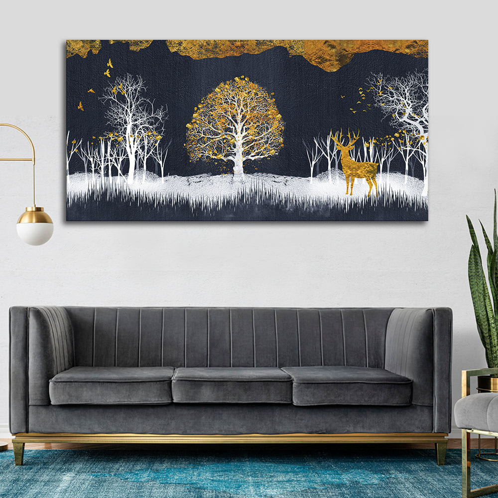 Midnight Golden Deer With Birds Scenery Premium Canvas Wall Painting