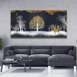 Midnight Golden Deer With Birds Scenery Premium Canvas Wall Painting