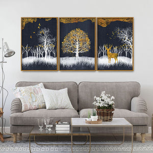 Midnight Golden Deer With Birds Scenery Premium Floating Canvas Wall Painting Set of Three