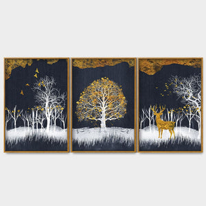 Midnight Golden Deer With Birds Scenery Premium Floating Canvas Wall Painting Set of Three