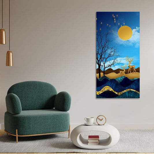 Midnight Golden Deers Scenery with Moon Premium Canvas Wall Painting