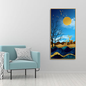 Midnight Golden Deers Scenery with Moon Premium Canvas Wall Painting