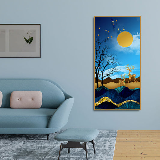 Midnight Golden Deers Scenery with Moon Premium Canvas Wall Painting