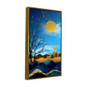 Midnight Golden Deers Scenery with Moon Premium Canvas Wall Painting