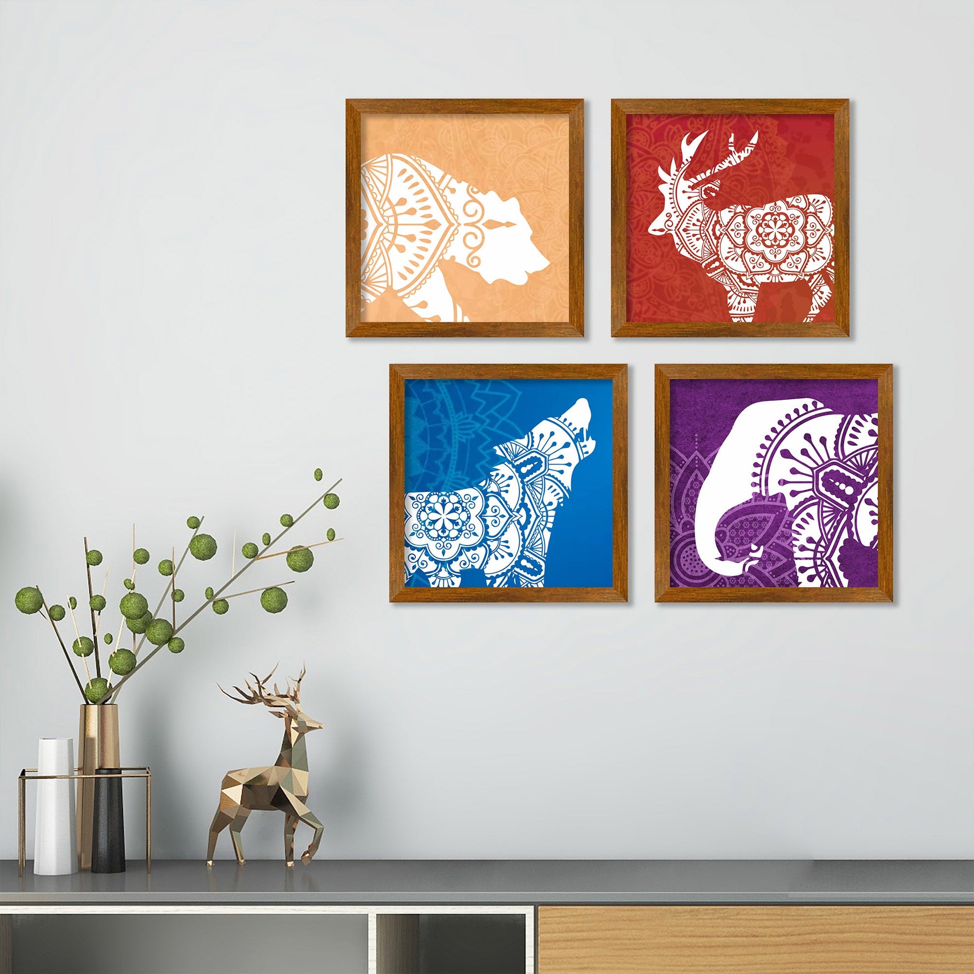 Minimalist Mandalas Animals Art Wall Frame Set of Four