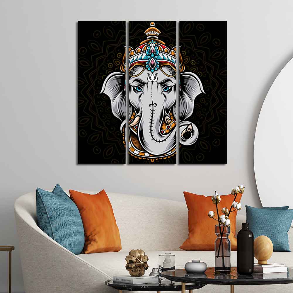 Modern Abstract Art Lord Ganesha Wall Painting Set of Three