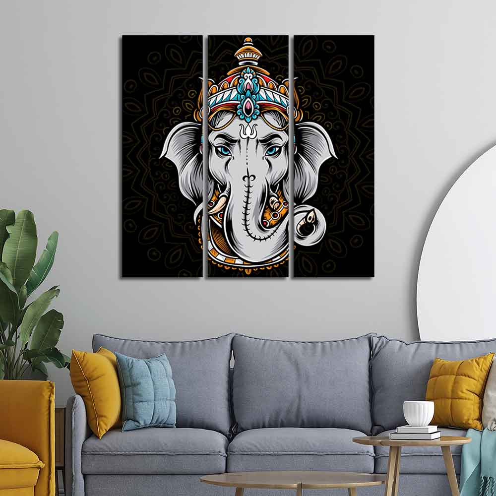 Modern Abstract Art Lord Ganesha Wall Painting Set of Three