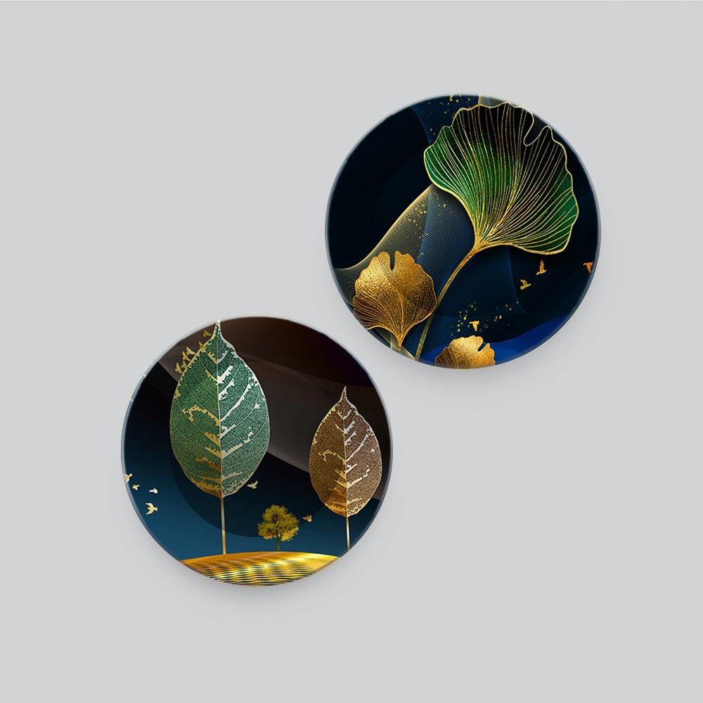 Modern Abstract Golden Leaf Art Premium Wall Hanging Plates of Two Pieces