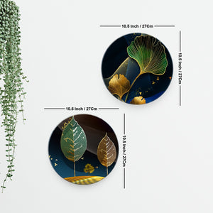 Modern Abstract Golden Leaf Art Premium Wall Hanging Plates of Two Pieces