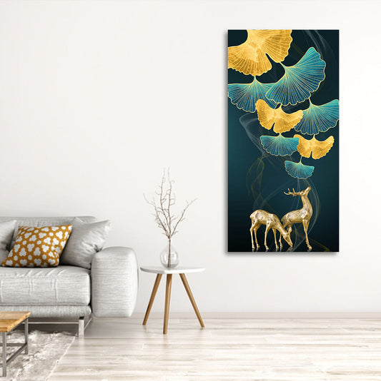 Modern Abstract Green Leaf with Deer Premium Canvas Wall Painting