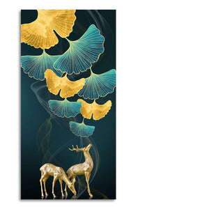 Modern Abstract Green Leaf with Deer Premium Canvas Wall Painting