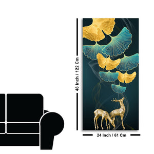 Modern Abstract Green Leaf with Deer Premium Canvas Wall Painting