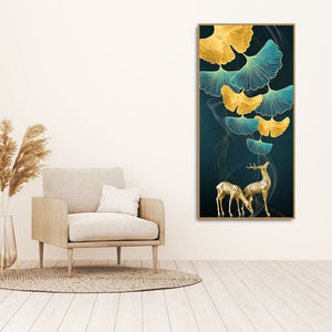 Modern Abstract Green Leaf with Deer Premium Canvas Wall Painting