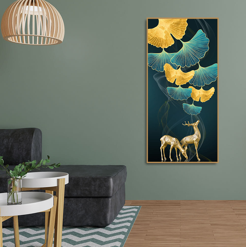 Modern Abstract Green Leaf with Deer Premium Canvas Wall Painting