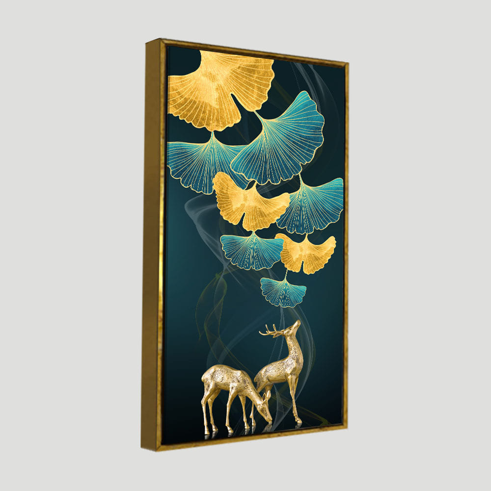 Modern Abstract Green Leaf with Deer Premium Canvas Wall Painting