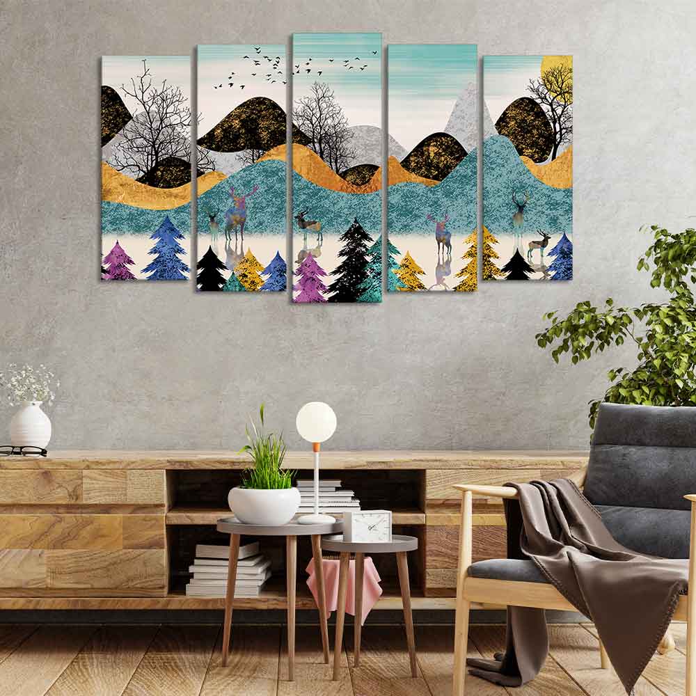 Modern Art Forest Premium Wall Painting Set of 5 Pieces