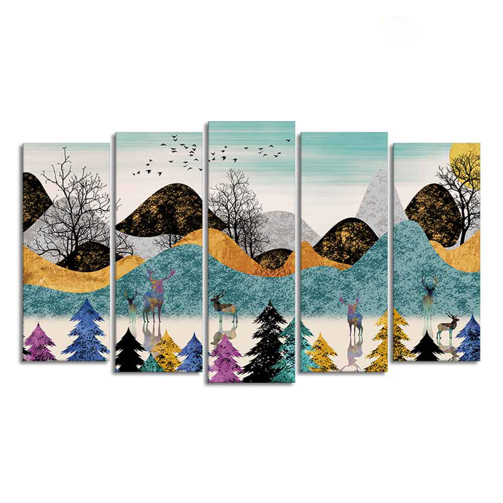 Modern Art Forest Premium Wall Painting Set of 5 Pieces