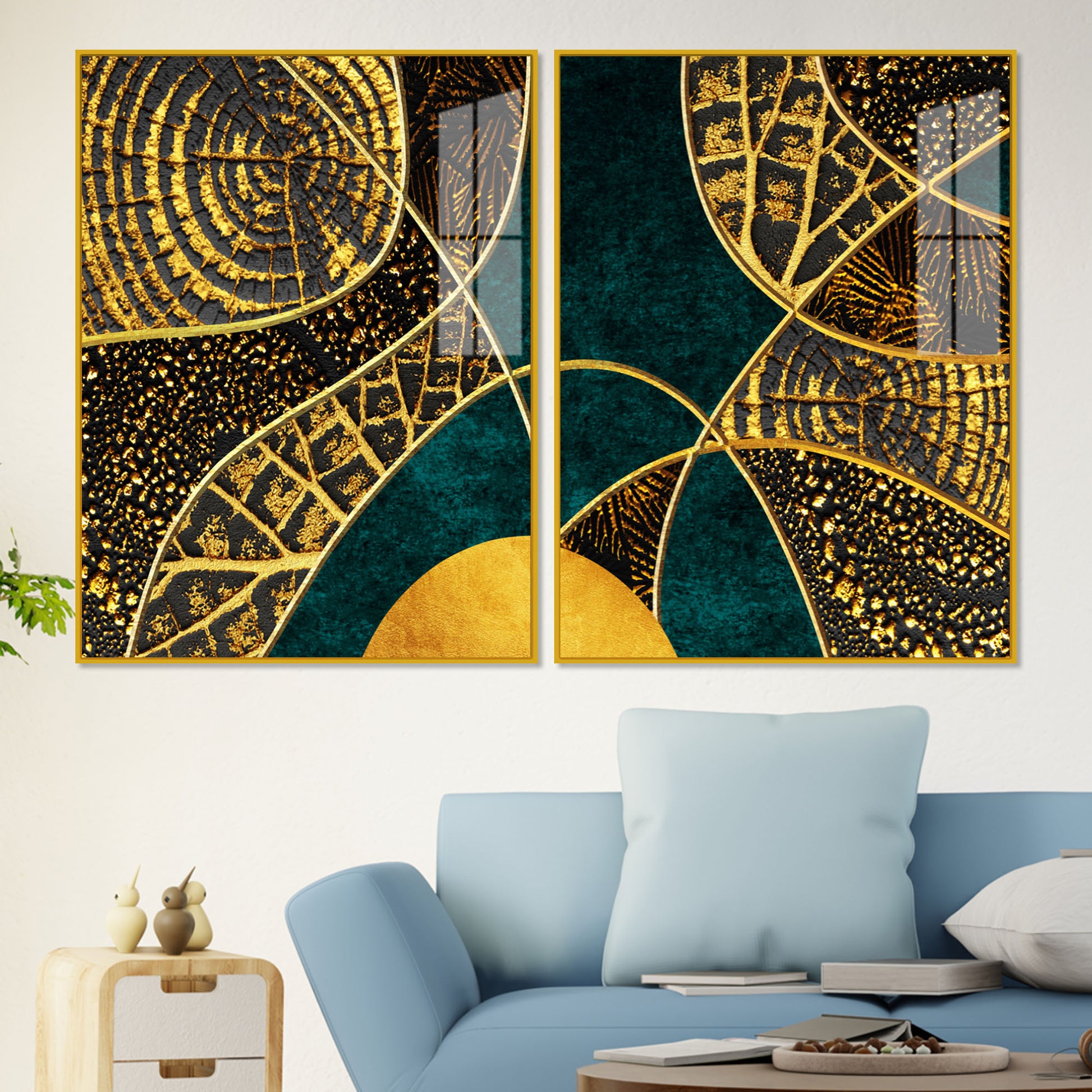 Modern Art of Golden Crystal Textured Acrylic Art Floating Wall Painting Set of 2